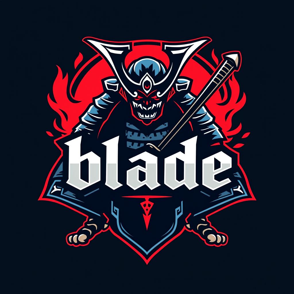  design a logo, emblem logo, with the written text ‘blade’, samurai theme, red and blue.