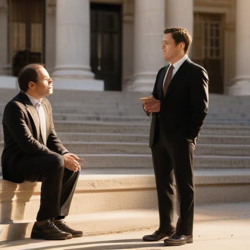 A photo of a smartly dressed car accident attorney conferencing with a client on the steps of a courthouse in the late afternoon with dramatic golden hour lighting, casting long shadows and highlighting the solemn expressions on their faces.