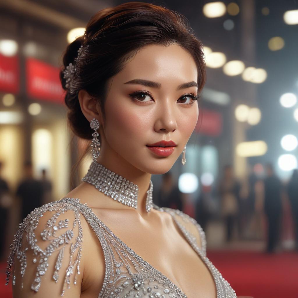 ((masterpiece)),(((best quality))), 8k, high detailed, ultra detailed, Hong Kong's most beautiful female celebrity, glamorous red carpet look, sparkling diamond jewelry, elegant evening gown, paparazzi taking photos hyperrealistic, full body, detailed clothing, highly detailed, cinematic lighting, stunningly beautiful, intricate, sharp focus, f/1. 8, 85mm, (centered image composition), (professionally color graded), ((bright soft diffused light)), volumetric fog, trending on instagram, trending on tumblr, HDR 4K, 8K