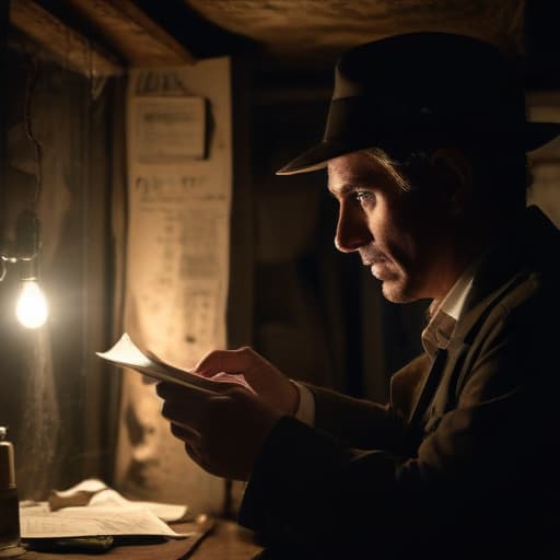 A photo of a detective examining evidence in a dimly lit basement during the late evening with a single overhead light casting deep shadows and illuminating crucial details.