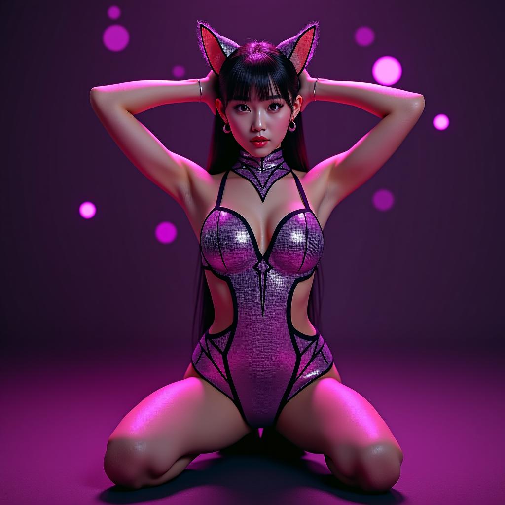  a photo realistic 40 asian cosplaying as a cat , kneeling with her hands behind her head and looking ly and her intricate leotard is vint and eye catching. her body captures her beauty and the lively colors of her clothing, making it an interesting and visually appealing piece of art. beautiful perfect eyes, perky big s, a korean goddess, geometric shapes, bold colors, dynamic composition,beautiful perfect eyes, perky s, a korean goddess . cyberpunk, vint, stunningly beautiful, crisp, detailed, sleek, ultramodern, magenta highlights, dark purple shadows, high contrast, cinematic, ultra detailed, intricate, professional, (masterpiece), (best quality), (ultra detailed), she is a cat , and her outfit