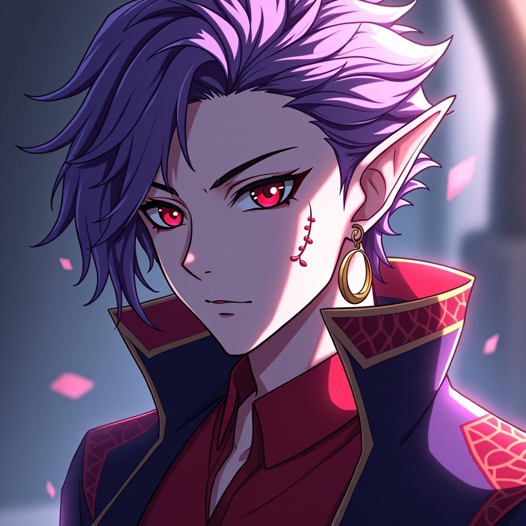  anime artwork dark elf man marble white skin, purple scarlet hair, lavender eyes with a red tint, dressed in a red purple shirt embroidered with red gold, over the shirt he wears a semi jacket with a dark scarlet snake skin trim, hairstyle in the style of "hedgehog". there is an earring in the shape of a month in the right ear. the tattoo in the form of a crescent toothed is applied near the left eye socket, the crescent is turned towards the eye . anime style, key visual, vibrant, studio anime, highly detailed hyperrealistic, full body, detailed clothing, highly detailed, cinematic lighting, stunningly beautiful, intricate, sharp focus, f/1. 8, 85mm, (centered image composition), (professionally color graded), ((bright soft diffused light)), volumetric fog, trending on instagram, trending on tumblr, HDR 4K, 8K