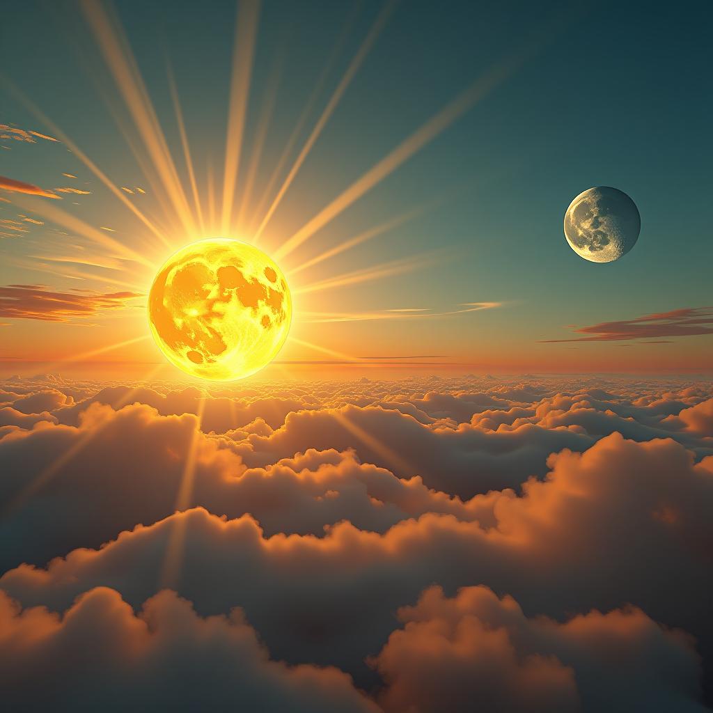  create a high quality, photorealistic image that vividly depicts the following scene: 'a high quality, full frame panorama of an artistically rendered terrestrial scene, where the sun and moon come to life in a humorous relay race. the sun, persistent and glowing, adapts a look of bewilderment as it drifts toward the east, leaving the sky aglow with bright strands of light. the moon, on the other side, appears egotistic but disoriented, emitting a gentle luminescence as it sinks from sight, vanishing into the darkness of the night. the picture is rich in colors and features a heavenly racecourse marked out across the sky, defined by twisty, turning clouds and beams of radiance. this photo was taken using a nikon d850, sony gm lens, f/1 hyperrealistic, full body, detailed clothing, highly detailed, cinematic lighting, stunningly beautiful, intricate, sharp focus, f/1. 8, 85mm, (centered image composition), (professionally color graded), ((bright soft diffused light)), volumetric fog, trending on instagram, trending on tumblr, HDR 4K, 8K