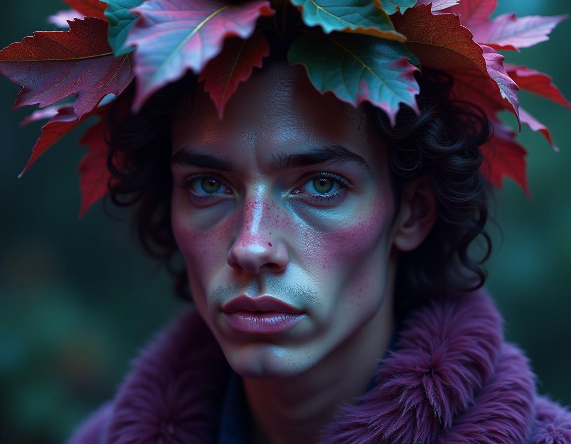  (james bidgood's photography:1.3) depicting close up portrait of a (male forest spirit) in a wreath of leaves. fantastic, high detail, sci fi, neon lit, crazy colored, erotically charged.