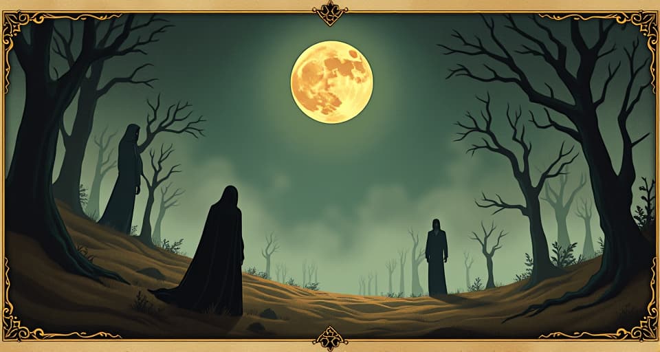  serene calmness left behind, figures in peaceful postures, ghosts of conflict dissipate, warm, inviting atmosphere. an illustration in the style of a worn, mystical old tarot trump card, mysterious and elements of surrealism. the colors are muted, somber and eerie, but with contrast bring out an occult and esoteric vibe.