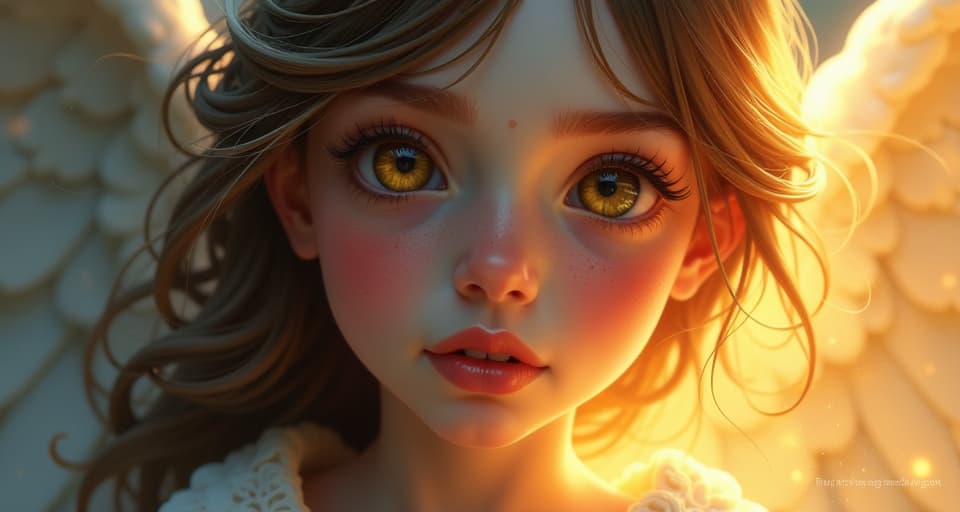  a close up of an angel's face, her expression filled with determination, surrounded by glowing light and intricate patterns. the scene underscores the tangible reality of their presence.. the style is digital art illustration,highly detailed, whimsical,magical, dreamlike atmosphere, realism and fantasy blend, smooth, glossy textures,luminous quality, wonder and enchantment.