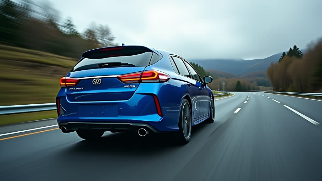  rear view of blue business car on high speed in turn. blue car rushing along a high speed highway.