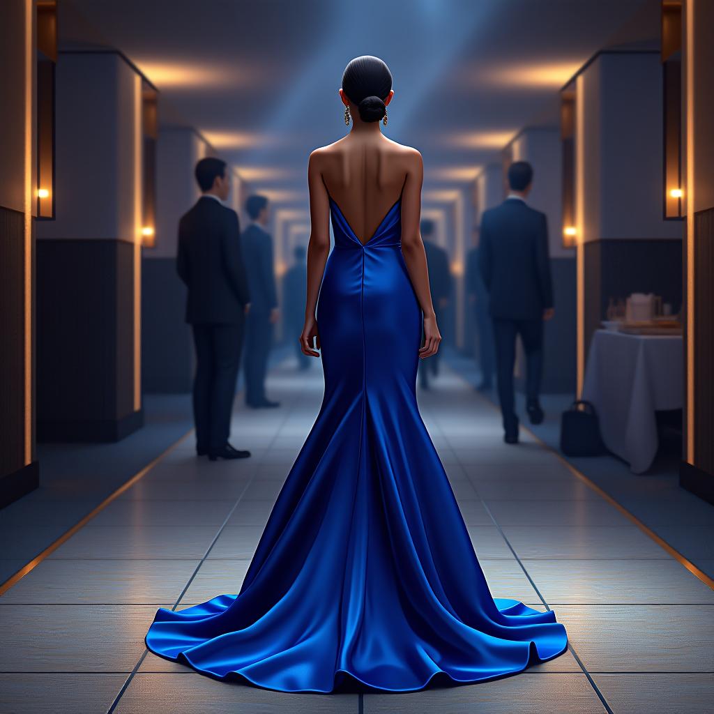  "design a floor length, sleeveless evening gown with a fitted bodice and a deep v neckline. the gown should feature a high waistline that flares into an a line skirt, accentuating the hips. the back is low cut with a keyhole detail. the fabric should be silk with a glossy finish, and the color should be a solid royal blue. the hemline should be plain with no additional embellishments. this design should be fitted at the waist and relaxed at the hips, flowing smoothly towards the floor."  hyperrealistic, full body, detailed clothing, highly detailed, cinematic lighting, stunningly beautiful, intricate, sharp focus, f/1. 8, 85mm, (centered image composition), (professionally color graded), ((bright soft diffused light)), volumetric fog, trending on instagram, trending on tumblr, HDR 4K, 8K