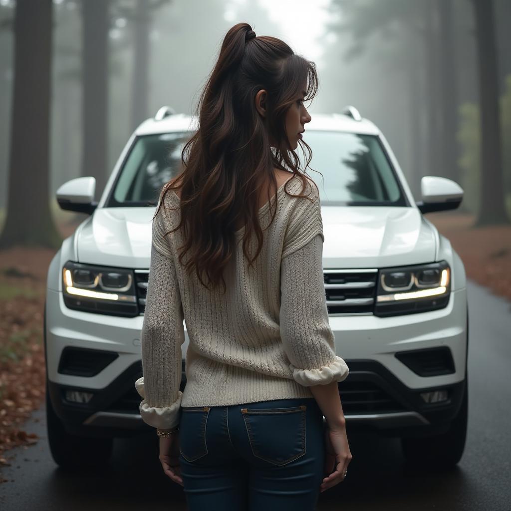  a brunette girl is standing with her back to a white 2017 vw jetta in front of a black jeep wk2. hyperrealistic, full body, detailed clothing, highly detailed, cinematic lighting, stunningly beautiful, intricate, sharp focus, f/1. 8, 85mm, (centered image composition), (professionally color graded), ((bright soft diffused light)), volumetric fog, trending on instagram, trending on tumblr, HDR 4K, 8K