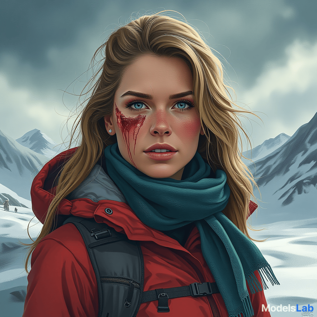  "hand drawn illustration featuring julia beautx in an outdoor survival scenario. she is depicted with a visible injury on her face (a large bruise), showcasing the challenges she faced during the filming of „7 vs. wild“. surrounding her is a harsh, rugged wilderness, symbolizing the dangerous conditions in neuseeland's winter. in the background, snow covered mountains and a stormy sky represent the extreme weather conditions. the overall mood should convey both the physical challenge and the determination required to survive in such an environment." hyperrealistic, full body, detailed clothing, highly detailed, cinematic lighting, stunningly beautiful, intricate, sharp focus, f/1. 8, 85mm, (centered image composition), (professionally color graded), ((bright soft diffused light)), volumetric fog, trending on instagram, trending on tumblr, HDR 4K, 8K