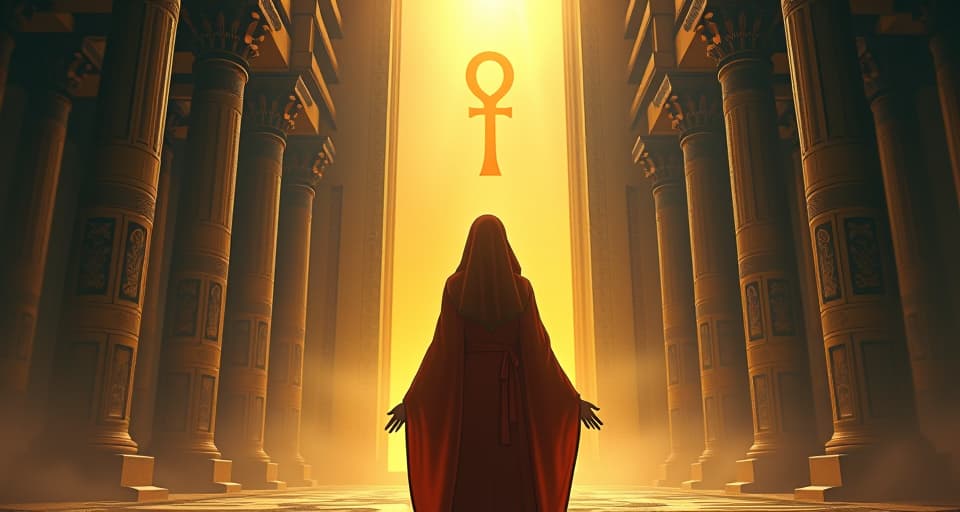  a sacred temple filled with ethereal light, an ankh symbol glowing at its center, a large busted high priestess in a tight, regal robe, standing in front of it, her expression reverent, symbolizing a rare and sacred gift. the style is digital art illustration / modern comic book / mysterious occult, symbolic, esoteric vibe,high detail on character design, incorporating ancient egyptian symbology and attire.