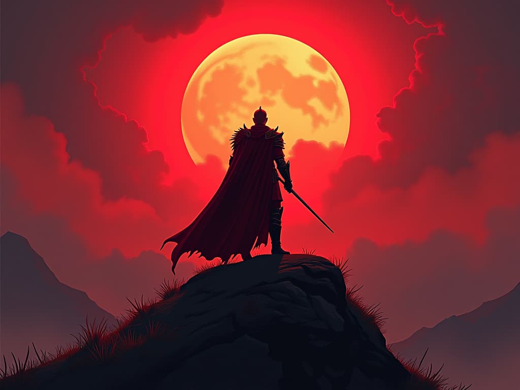  warrior in red armor, standing atop a hill, looking towards the rising sun, dynamic and hopeful energy, seizing future opportunities. the style is digital art illustration / modern comic book / graphic dark novel fantasy and mysterious occult, symbolic, moody lighting, esoteric vibe,high detail on character design. for the color scheme emphasize blacks and reds.