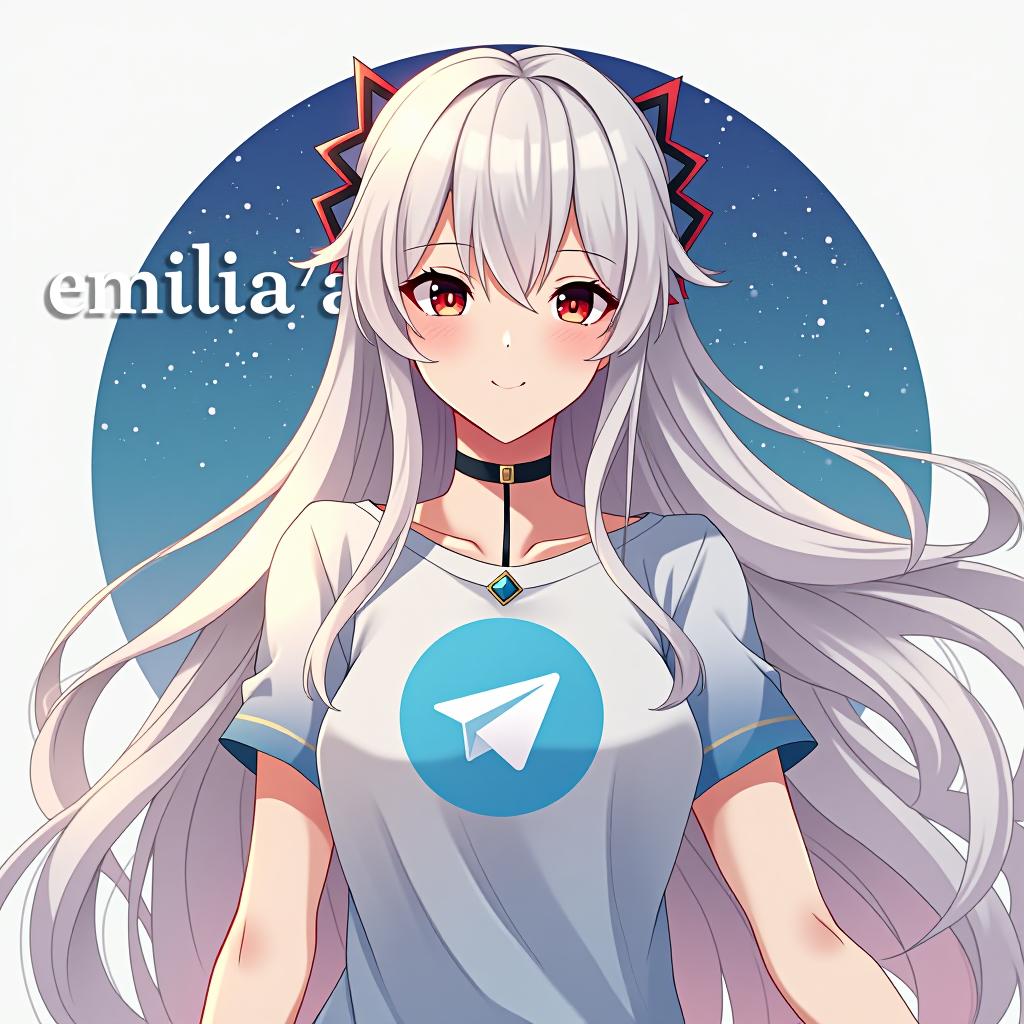  create an image of a character inspired by emilia from re:zero, featuring long white hair and an elegant appearance. the character should be wearing a shirt with the telegram logo, embodying peace and serenity. the design should be background, and include the name 'emilia' in a stylish font