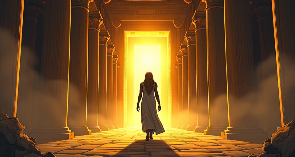  figure walking away from a temple with radiant light source within, symbolizing internal light, surrounding protective aura.. the style is digital art illustration / modern comic book / mysterious occult, symbolic, esoteric vibe,high detail on character design, incorporating ancient egyptian symbology and attire.