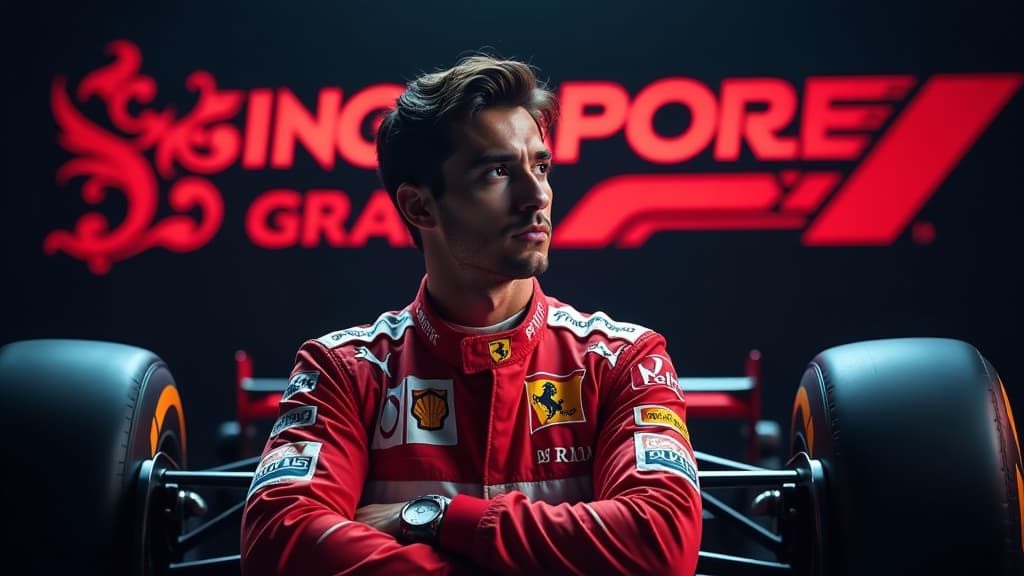  create an image of daniel ricciardo in his racing gear, looking contemplative with a twinkle in his eye. show him surrounded by a dynamic mix of soft and hard tires, symbolizing the challenge he faced. include a dramatic lighting setup to emphasize the intensity of the moment. incorporate the logos of the singapore grand prix and formula 1 subtly in the background. capture the essence of determination, disappointment, and optimism in ricciardo's expression, highlighting the complexities and emot