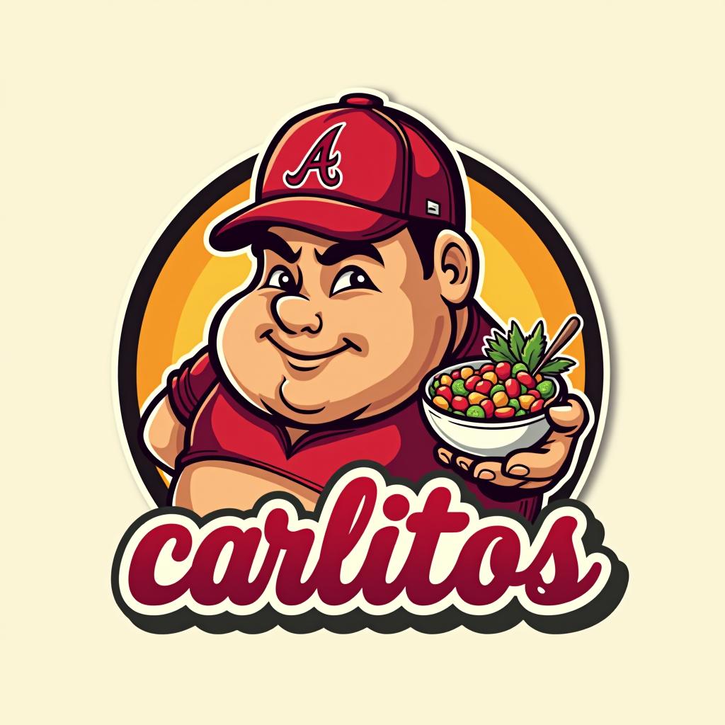  design a logo, in a threedrender style. chubby mexican with bowl of ceviche wearing an atlanta braves baseball hat, with the text 'carlitos ceviche'.