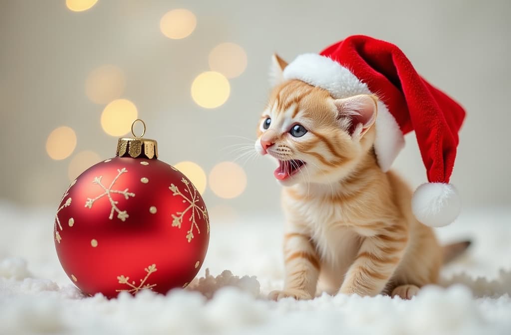  professional detailed photography, one happy open mouth little beige kitten in santa hat on left side (right side is empty for text) plays and look at big red ornament over white background with golden bokeh lights no text no people , (muted colors, dim colors, soothing tones), (vsco:0.3)