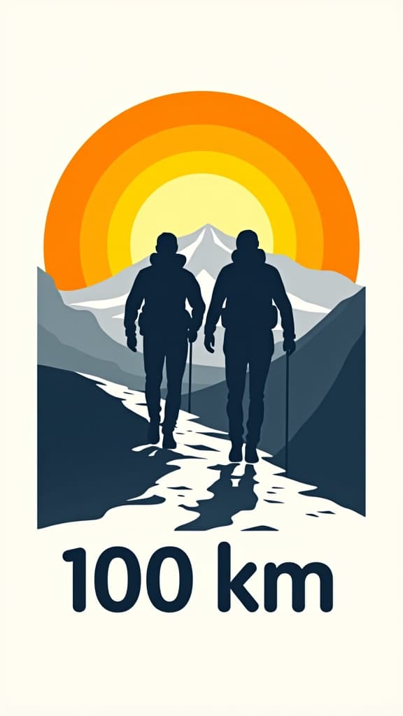  design a logo, in a geometric style. zwei bergführer auf dem weg zum gipfel im sonnenaufgang., with the text '100 km'.