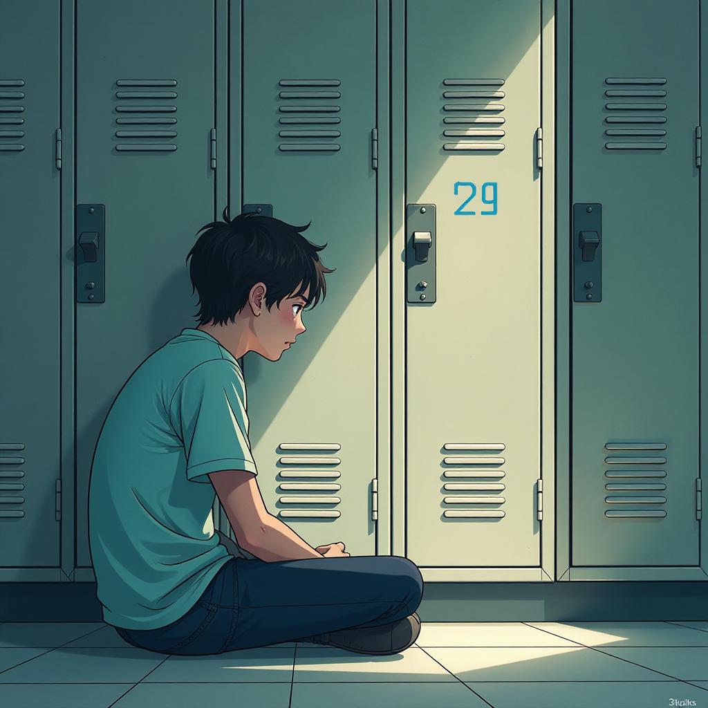  a young man sitting on the floor in front of a bunch of lockers, haruhi suzumiya, clinically depressed, beautiful comic art, bruh moment, rpg maker, yaoi, sad lighting, his arms are behind his back, uncompressed png, it is afternoon, textbook page, webtoons, 27, :6, blue text that says 3kliksphilp hyperrealistic, full body, detailed clothing, highly detailed, cinematic lighting, stunningly beautiful, intricate, sharp focus, f/1. 8, 85mm, (centered image composition), (professionally color graded), ((bright soft diffused light)), volumetric fog, trending on instagram, trending on tumblr, HDR 4K, 8K