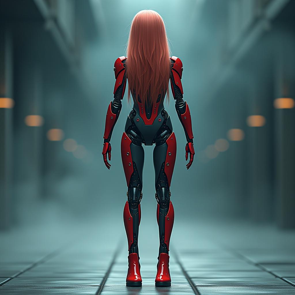  cybernetic robot a young with a hair, two red, long, red shoes, red shoes on high heels . android, ai, machine, metal, wires, tech, futuristic, highly detailed hyperrealistic, full body, detailed clothing, highly detailed, cinematic lighting, stunningly beautiful, intricate, sharp focus, f/1. 8, 85mm, (centered image composition), (professionally color graded), ((bright soft diffused light)), volumetric fog, trending on instagram, trending on tumblr, HDR 4K, 8K