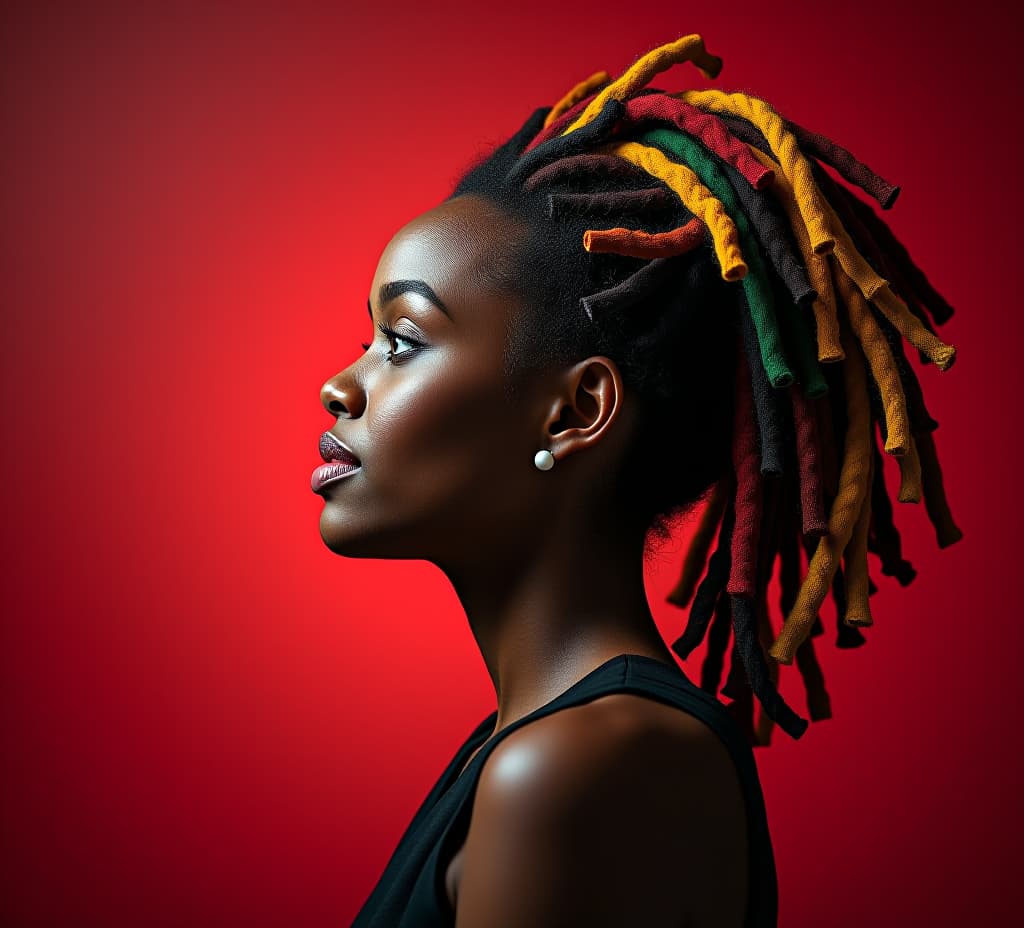  profile of a thoughtful woman with colorful dreadlocks against a striking red and black background