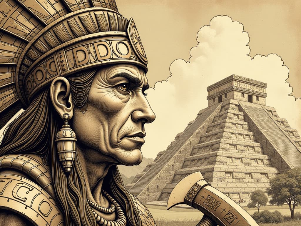  typographic art masterpiece, ink and pen drawing, old photo style, fragment of portrait of aztec chief, macro plan, eyes looking at observer and part of face with tomahawk (looking at viewer, close up). background de alized aztec calendar, aztec pyramids in the distance. brown and beige monochrome color scheme. high detail, high resolution. . stylized, intricate, detailed, artistic, text based