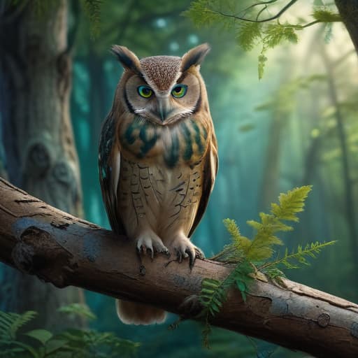 In a serene, mystical forest, a wise owl with emerald green eyes sits perched on a branch. Its feathers are a shimmering blend of blue and silver, reflecting the light filtering through the canopy above. Beside the owl, a graceful fawn with delicate antlers stands ready, emanating an aura of calm strength. The wind gently rustles the leaves around them, carrying the whispers of ancient knowledge. The scene captures a moment of harmony and balance, as the owl and fawn prepare to execute a strategic swap of positions, guided by the wisdom of nature. fantastical creatures or characters inspired by mythology, folklore, or popular culture. use vibrant colors, sharp lines, intricate details, dynamic poses, dramatic lighting, atmospheric backgroun