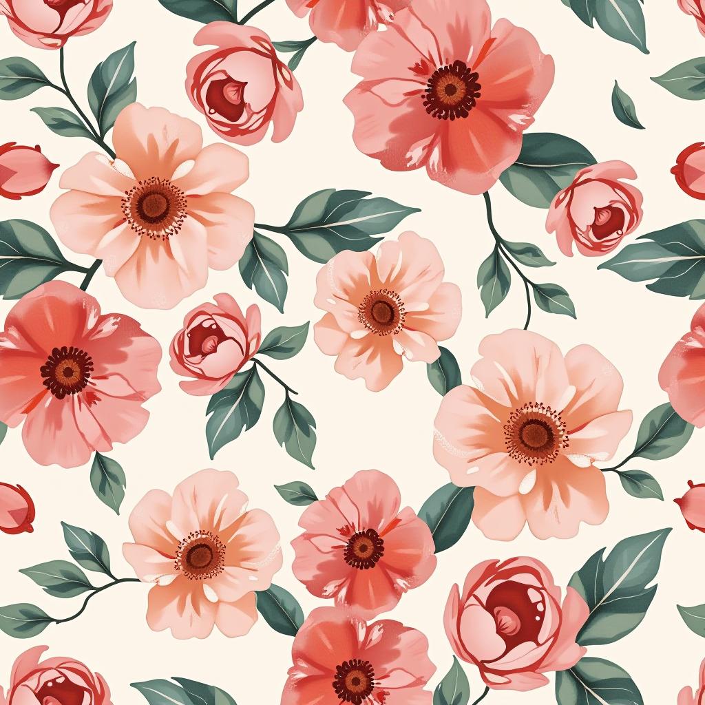  create a seamless digital design featuring a pattern of large, beautiful flowers with soft, watercolor like effects. the flowers should cover the entire surface, creating a bold, elegant, and continuous look. the overall style should be light and airy, with delicate leaves and petals to enhance the natural, floral theme. the design should be seamless to ensure it can be used in repeating patterns or wraps.