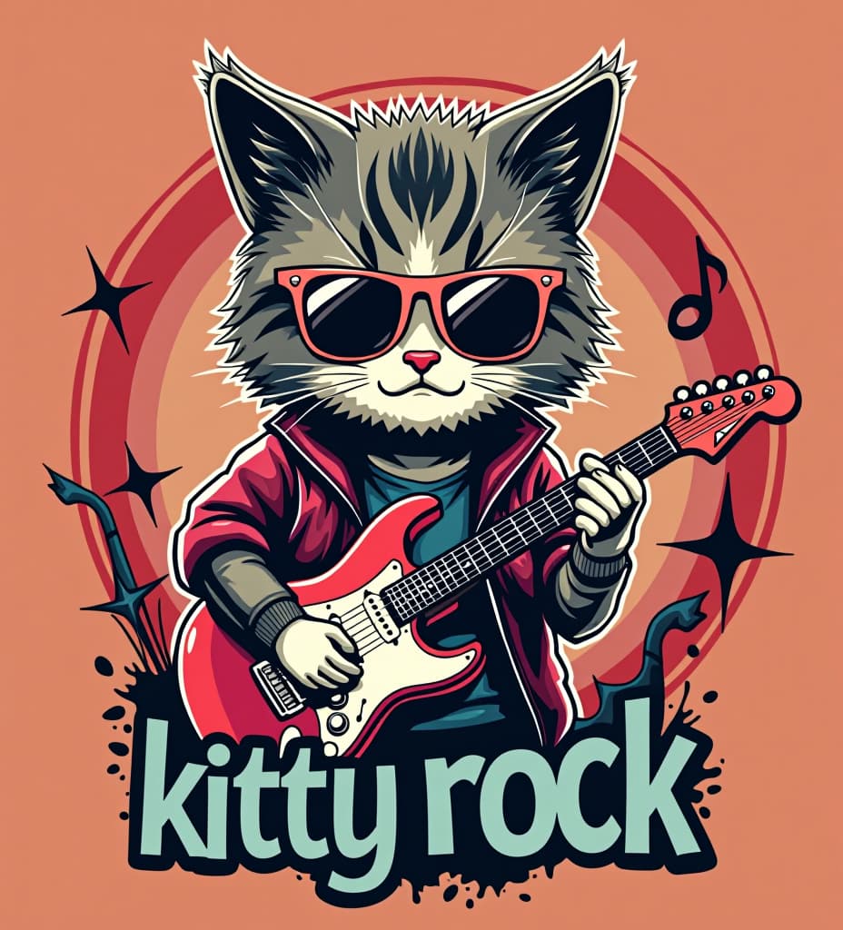  a t shirt design of a cute cat as rockstar with the caption "kitty rock" in a bold stylish front