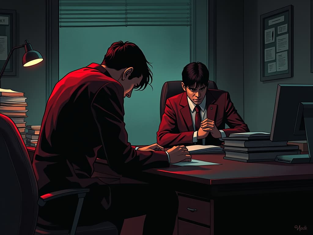  office setting, employee in red business attire, head down, avoiding eye contact with another, atmosphere of guilty discomfort. the style is digital art illustration / modern comic book / graphic dark novel fantasy and mysterious occult, symbolic, moody lighting, esoteric vibe,high detail on character design. for the color scheme emphasize blacks and reds.