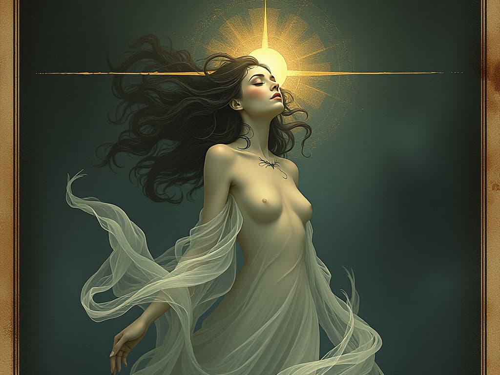  ethereal female forms, indistinct features, soft light radiating, serene expressions, sense of higher energy, flowing motions, timeless beauty. an illustration in the style of a worn, mystical old tarot trump card, mysterious and elements of surrealism. the colors are muted, somber and eerie, but with contrast bring out an occult and esoteric vibe.