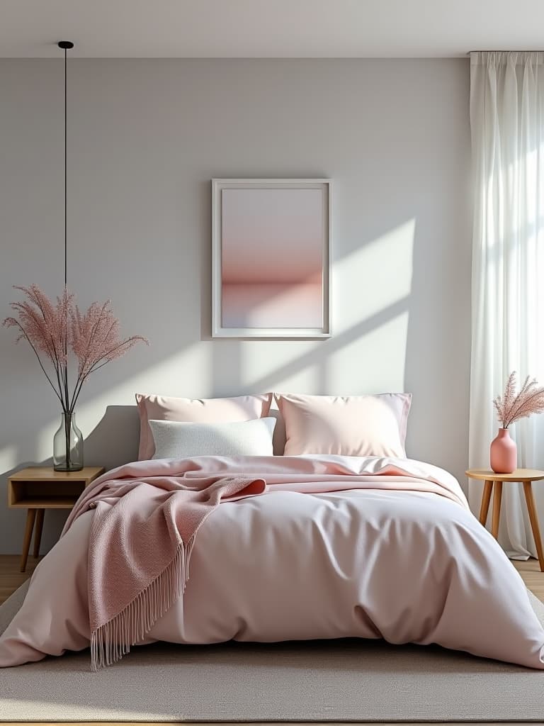  high quality portrait photo of a minimalist scandinavian inspired bedroom with light gray walls, white furniture, and pops of pale pink in the bedding and artwork, captured in soft diffused daylight from a high angle hyperrealistic, full body, detailed clothing, highly detailed, cinematic lighting, stunningly beautiful, intricate, sharp focus, f/1. 8, 85mm, (centered image composition), (professionally color graded), ((bright soft diffused light)), volumetric fog, trending on instagram, trending on tumblr, HDR 4K, 8K