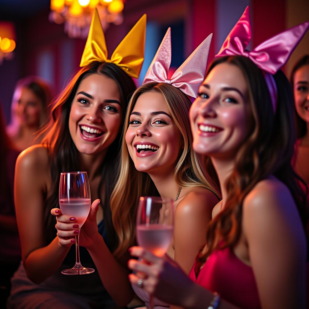  cheerful girls with colorful veils are celebrating a bachelorette party at karaoke.