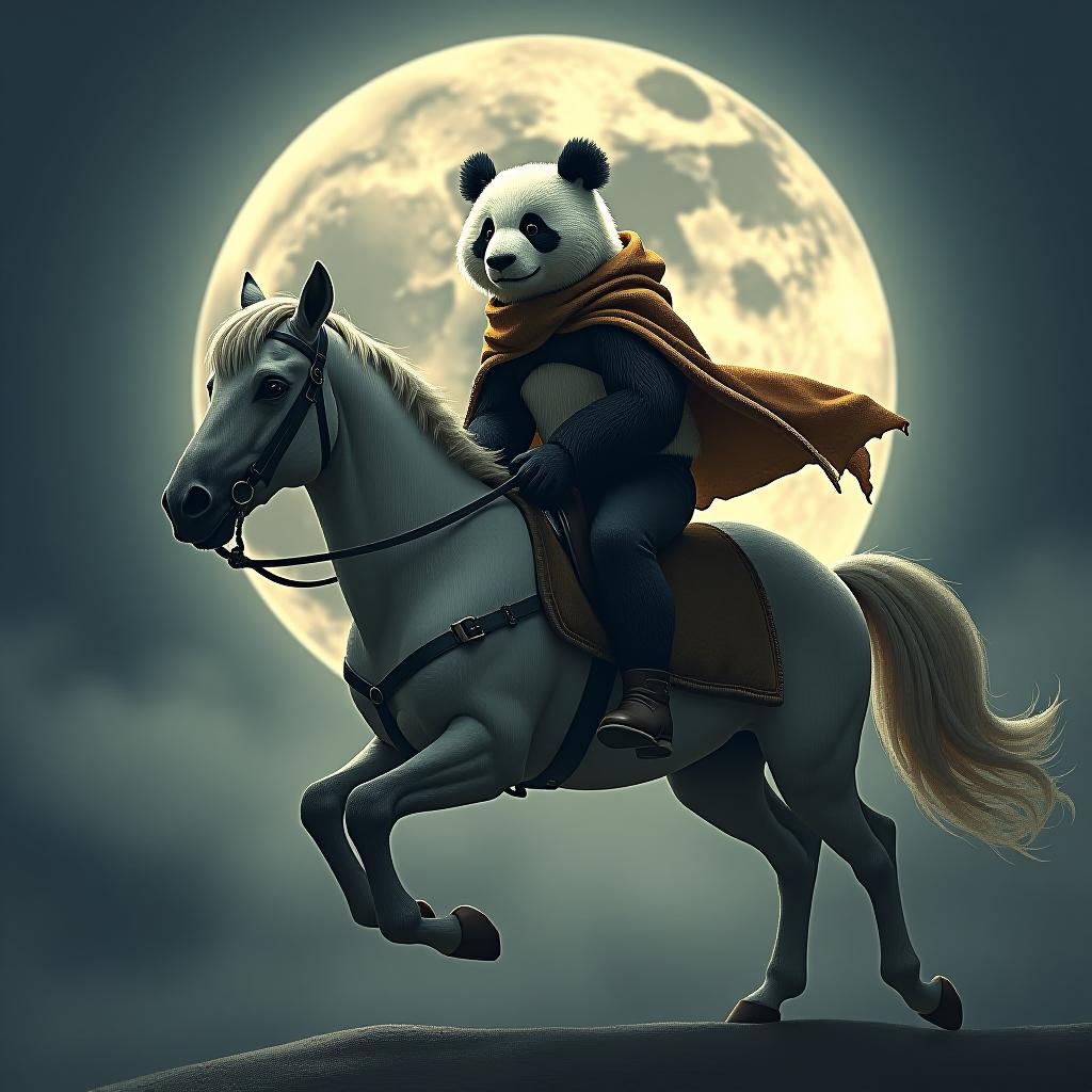  a panda riding a horse, hand drawn, on the moon, studio light, hdr 4k hyperrealistic, full body, detailed clothing, highly detailed, cinematic lighting, stunningly beautiful, intricate, sharp focus, f/1. 8, 85mm, (centered image composition), (professionally color graded), ((bright soft diffused light)), volumetric fog, trending on instagram, trending on tumblr, HDR 4K, 8K