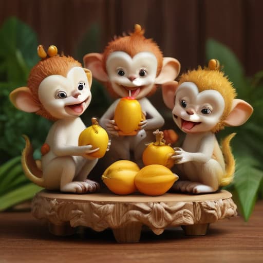 3 happy cute monkeys playing on the table with Thai fruits banana Durian Mango mangosteen Thai style 3D Art toy in Cartoon style