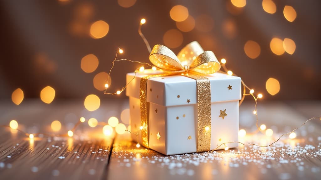  a white cubic box decorated with golden stars looks like a specially prepared surprise from santa claus. new year's atmosphere {prompt}, maximum details