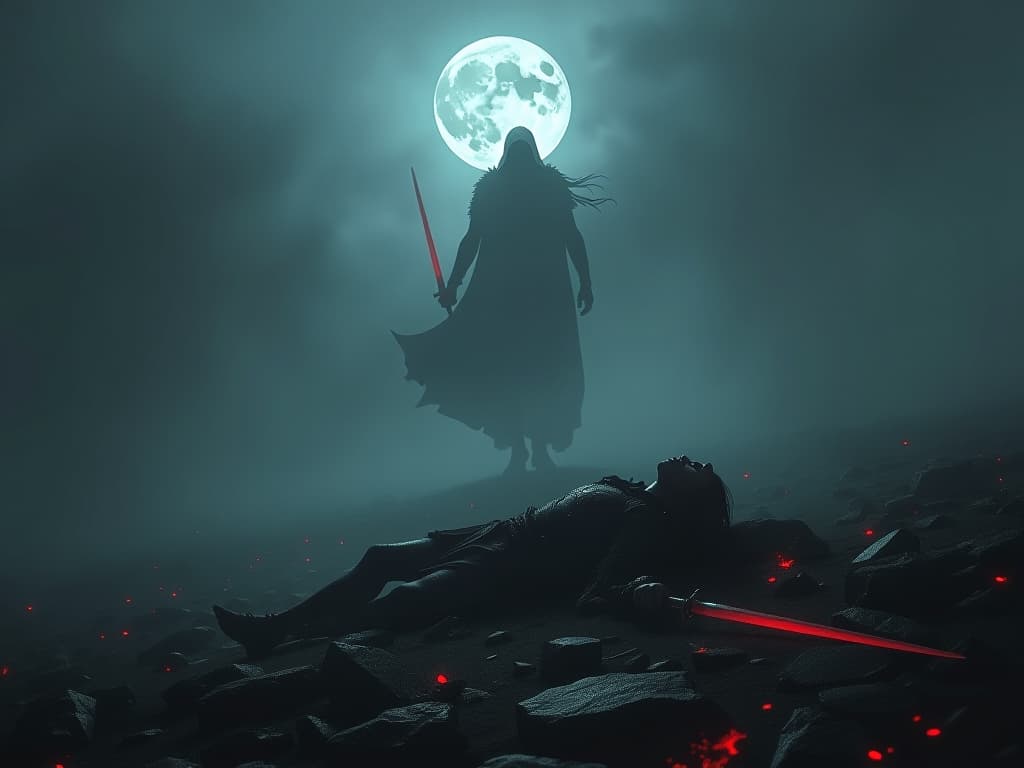  a fallen warrior in a misty battlefield, slowly rising, ethereal symbols of strength and redemption floating around, moonlight casting an eerie glow, a sense of struggle and hope.. the style is dark fantasy and mysterious occult, symbolic, moody lighting, esoteric vibe,high detail on character design. for the color scheme emphasize blacks and reds.