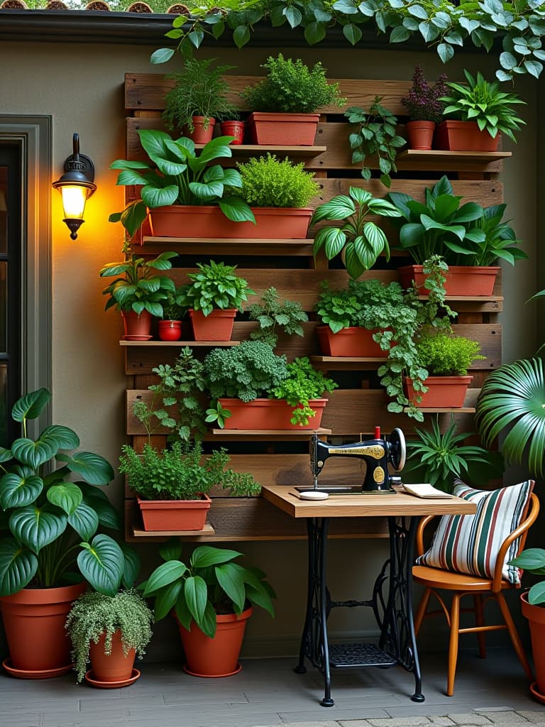  high quality portrait photo of a vertical garden wall made from repurposed wooden pallets, filled with a variety of plants and herbs, adjacent to a small bistro set upcycled from vintage sewing machine bases hyperrealistic, full body, detailed clothing, highly detailed, cinematic lighting, stunningly beautiful, intricate, sharp focus, f/1. 8, 85mm, (centered image composition), (professionally color graded), ((bright soft diffused light)), volumetric fog, trending on instagram, trending on tumblr, HDR 4K, 8K