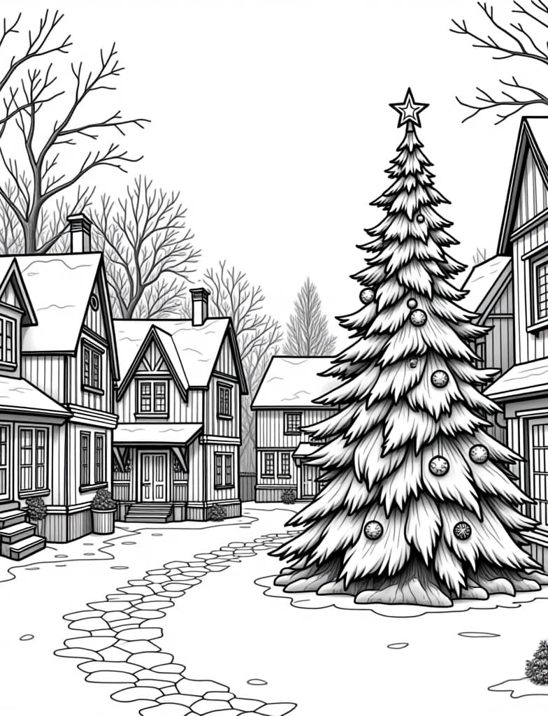  this is for an adult coloring page. a detailed black and white line art of a snowy snowy village square with a decorated christmas tree on a solid white background.