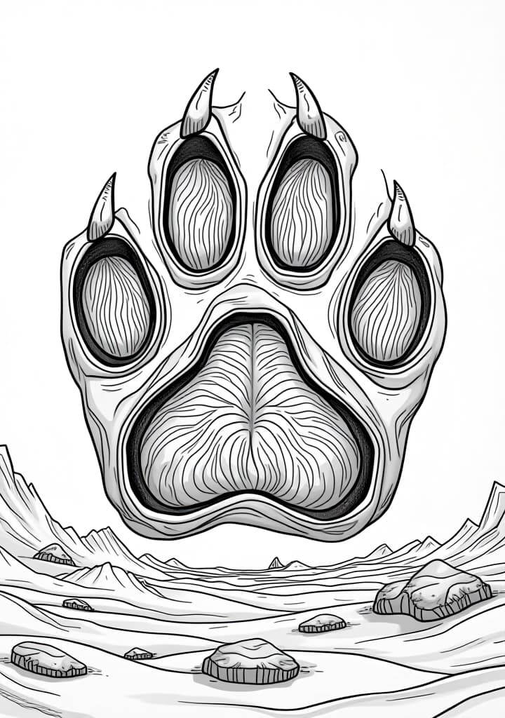  you're a coloring book bot. your job is to make delightful elementary appropriate coloring book pages. a coloring book page is as follows: black and white outlines, low complexity. very simplistic, easy for s to color in. always appropriate, whimsical themes, white background, (no colour)++, (no shading)++, black lines, a giant paw print left by a cat on an alien planet, suggesting the presence of feline explorers. the image should be a high contrast, black and white line drawing on a blank white background, with no shadows or borders, and should utilise the entire space without leaving any unnecessary white areas. hyperrealistic, full body, detailed clothing, highly detailed, cinematic lighting, stunningly beautiful, intricate, sharp focus, f/1. 8, 85mm, (centered image composition), (professionally color graded), ((bright soft diffused light)), volumetric fog, trending on instagram, trending on tumblr, HDR 4K, 8K