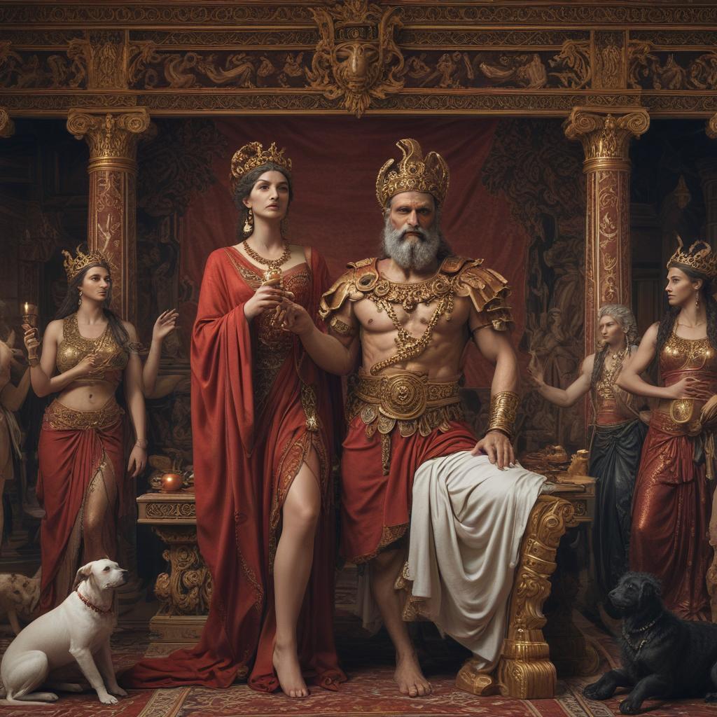 A richly detailed scene in the royal court of Scyros, adorned with opulent tapestries and ornate decorations, showcasing Odysseus strategically placing a lavish array of gifts before the king's daughters, including shimmering jewelry and luxurious garments, capturing the opulence of the setting"in the style of classical Greek pottery art, with intricate black figures on a red background, depicting mythological scenes with a focus on gods and heroes, using a limited color palette of red, black, and white"This image is a breathtaking painting that captures the magical scene with vivid detail. The overall composition is spellbinding, showcasing a perfect harmony. photorealism fantasy, unreal engine 5, concept hyperrealistic, full body, detailed clothing, highly detailed, cinematic lighting, stunningly beautiful, intricate, sharp focus, f/1. 8, 85mm, (centered image composition), (professionally color graded), ((bright soft diffused light)), volumetric fog, trending on instagram, trending on tumblr, HDR 4K, 8K