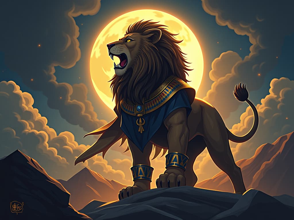  a majestic lion roaring from a dream, symbols of strength and courage around, mystical and powerful ambiance. the style is digital art illustration / modern comic book / mysterious occult, symbolic, esoteric vibe,high detail on character design, incorporating ancient egyptian symbology and attire.