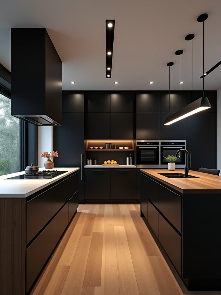  high quality portrait photo of a contemporary open concept kitchen with a striking black and wood color scheme, featuring a statement hood and smart appliances integrated seamlessly into the cabinetry hyperrealistic, full body, detailed clothing, highly detailed, cinematic lighting, stunningly beautiful, intricate, sharp focus, f/1. 8, 85mm, (centered image composition), (professionally color graded), ((bright soft diffused light)), volumetric fog, trending on instagram, trending on tumblr, HDR 4K, 8K