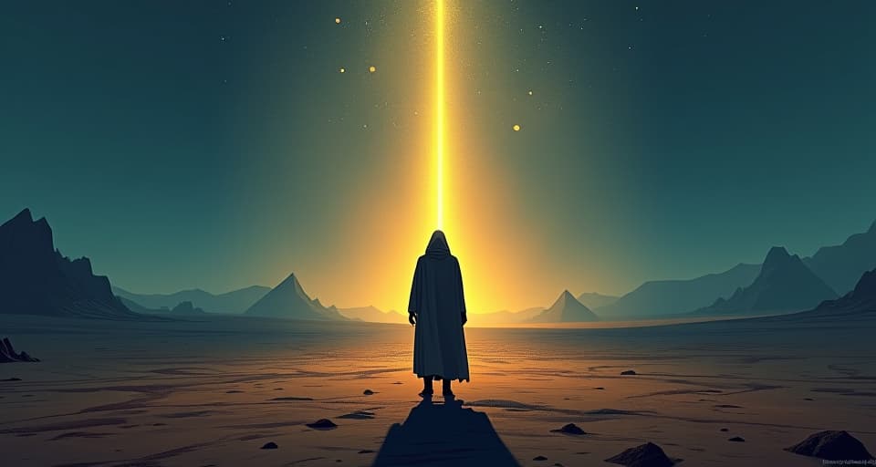  a vast expanse of barren land, a lone traveler closing their eyes, back turned against an illuminated path, symbolizing refusal.. the style is digital art illustration / modern comic book / mysterious occult, symbolic, esoteric vibe,high detail on character design, incorporating ancient egyptian symbology and attire.