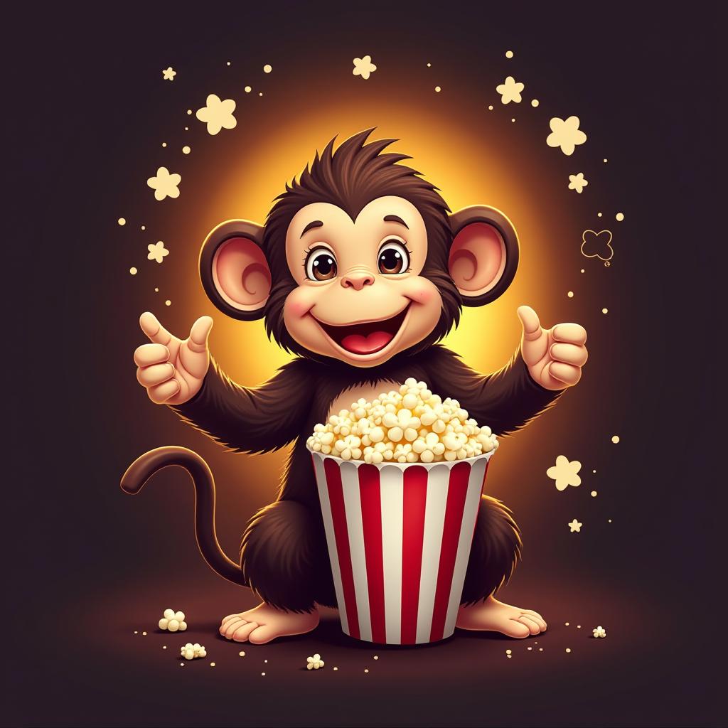  ui logo design, film reel surrounded by popcorn with movie theater backdrop, playful monkey with brown and popcorn yellow light, inspired by movies and entertainment, film reel shape, vector, ultra, hd, art by akihiko yoshida, cinematic cymk background