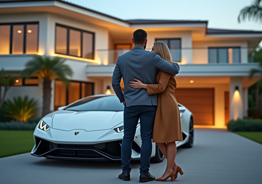  man and woman hugged, couple hugging each other, standing in front of the big luxury house and expensive shiny white sports car parked on the driveway. wealthy and rich family villa apartment, success