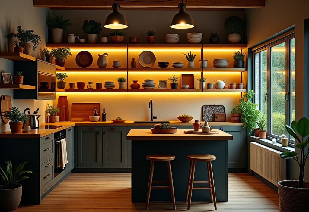  a landscape photo of a cozy small kitchen with open shelving displaying colorful dishes and plants, warm lighting, and a compact island with wooden stools, shot from a high angle hyperrealistic, full body, detailed clothing, highly detailed, cinematic lighting, stunningly beautiful, intricate, sharp focus, f/1. 8, 85mm, (centered image composition), (professionally color graded), ((bright soft diffused light)), volumetric fog, trending on instagram, trending on tumblr, HDR 4K, 8K