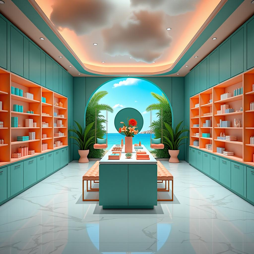  cinematic photo realistic image of 8k ultrahd, beautiful interior of the store with a very large range of cosmetics and perfumes, with turquoise, peach, blue, orange shelves, all furniture without sharp corners, very high ceilings with clouds, marble floors, tropical landscaping, in the background depict a very beautiful photo zone in the style of paradise for girls with a mirror of modern unusual shape, heavenly clouds, swings of soft fabrics in bright turquoise color, high resolution, high detail . 35mm photograph, film, bokeh, professional, 4k, highly detailed