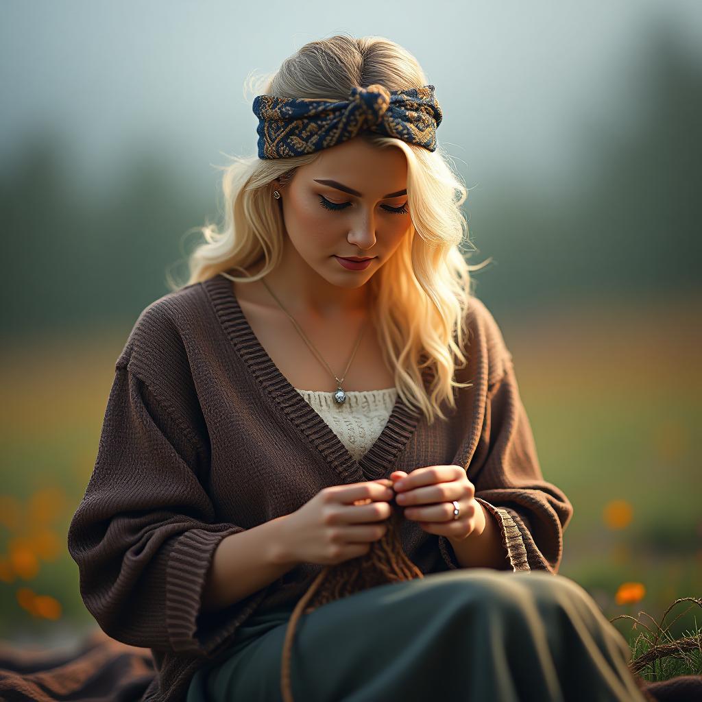  a blonde woman is knitting against a natural backdrop. hyperrealistic, full body, detailed clothing, highly detailed, cinematic lighting, stunningly beautiful, intricate, sharp focus, f/1. 8, 85mm, (centered image composition), (professionally color graded), ((bright soft diffused light)), volumetric fog, trending on instagram, trending on tumblr, HDR 4K, 8K