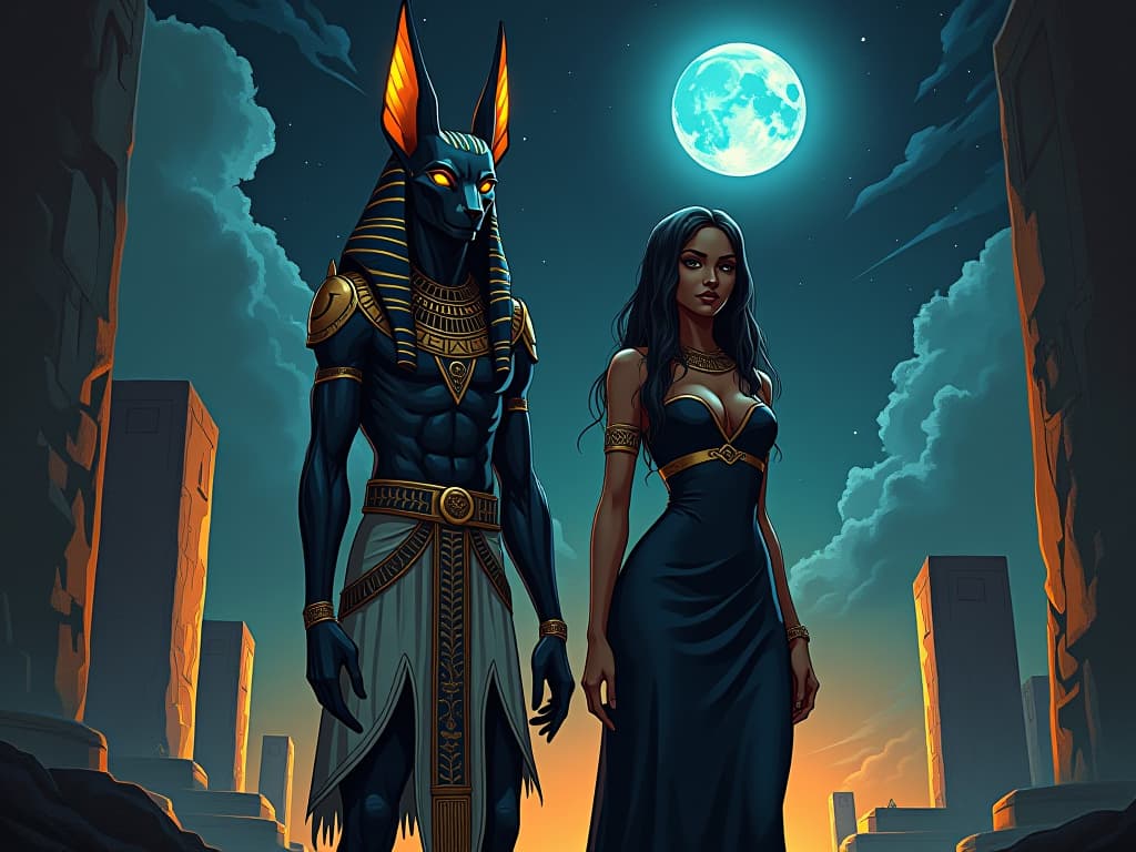  anubis, jackal headed god of the afterlife, standing vigilant under a night sky, surrounded by ancient tombs, his eyes glowing ethereally, a large busted goddess in a tight, dark linen dress standing beside him, her expression serene, symbolizing mysterious celestial signs. the style is digital art illustration / modern comic book / mysterious occult, symbolic, esoteric vibe,high detail on character design, incorporating ancient egyptian symbology and attire.